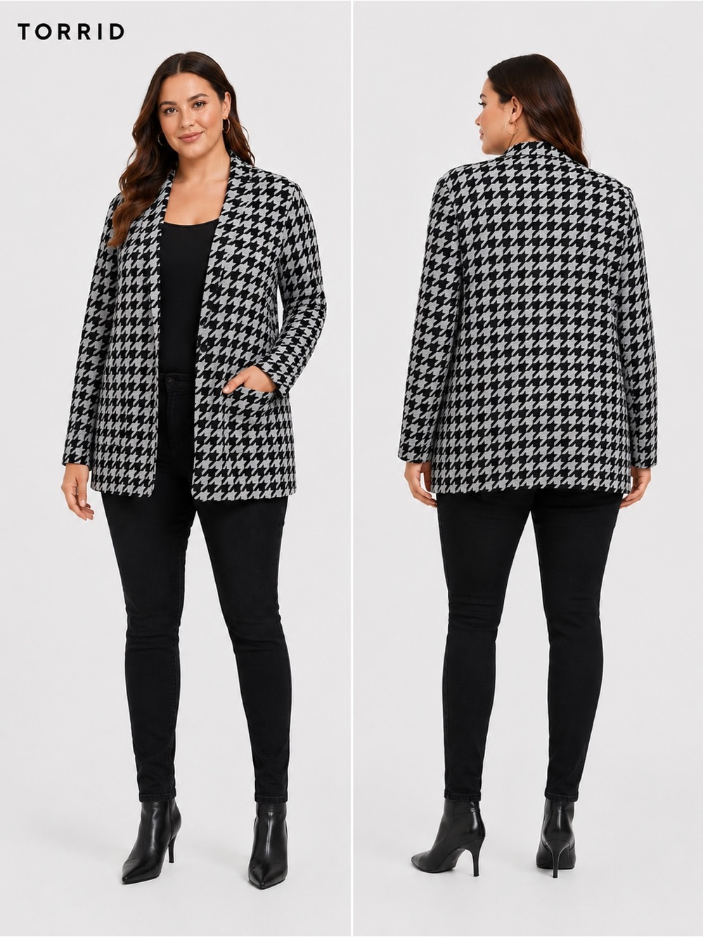 Torrid‎ Houndstooth Open Front Blazer Jacket Size 1 Black White Career Chic XL